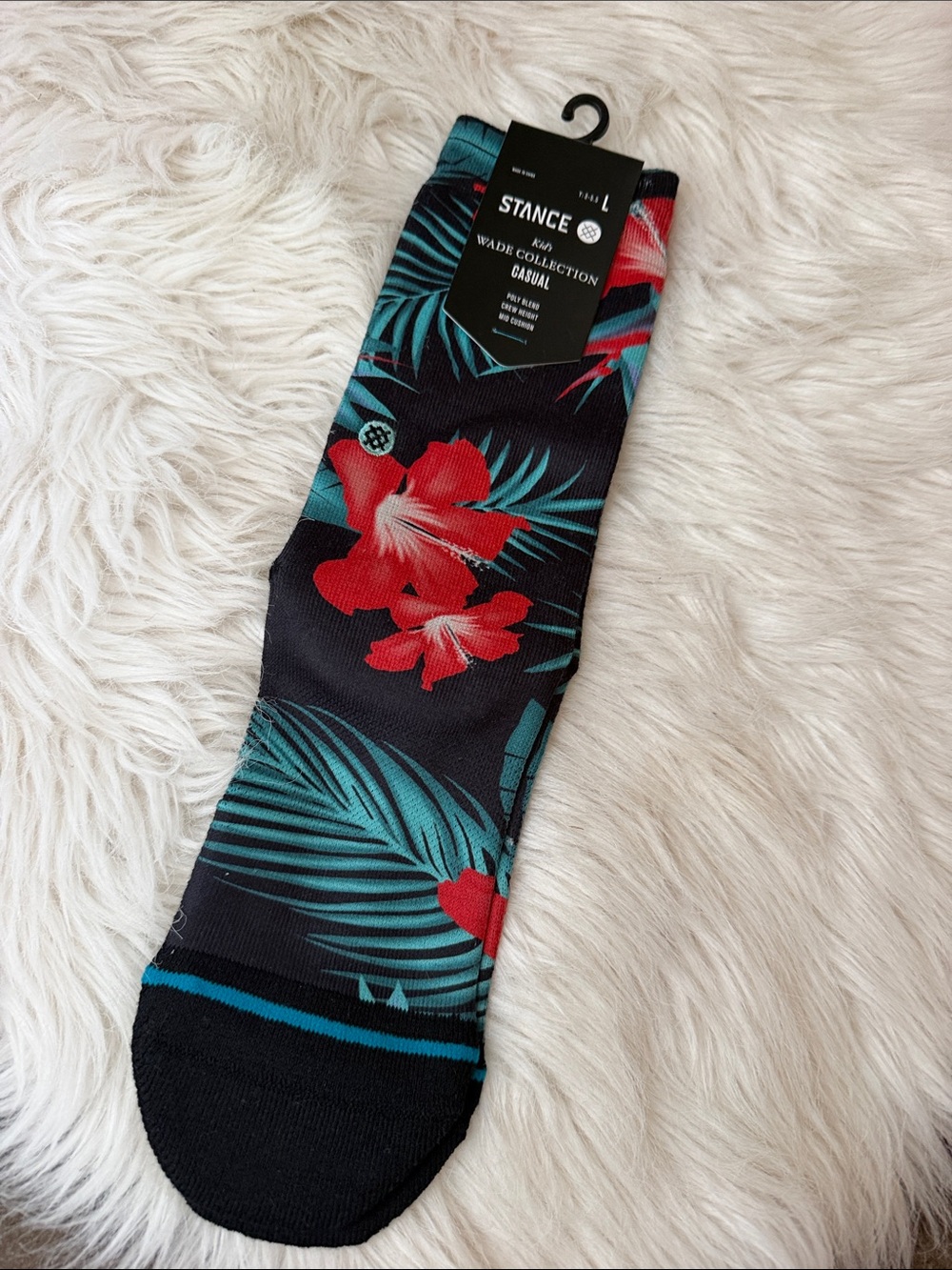 🌺 Stance Kid’s Black Crew Socks w/ Red Floral & Teal Palm Print WADE COLLECTION